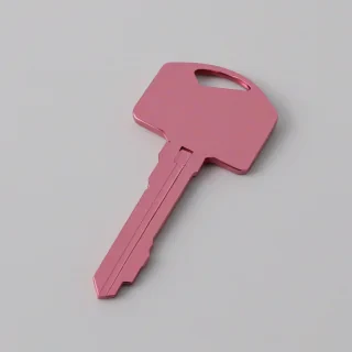 A pink, modernist-style key, with clean lines and geometric shapes, isolated on a plain white background, in a wide shot with the key centered and its entire body visible, with a focus on minimalist design and subtle shading to accentuate its modernist aesthetic