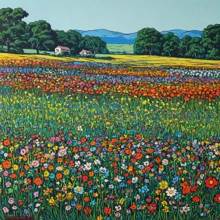 Pop art painting of a field of flowers