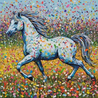 Abstract expressionist painting of a happy silly horse made of confetti, prancing in a field of flowers