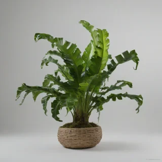 A bird's nest fern, full-body view, with lush green fronds and a rounded, nest-like shape, on a plain white background, in a wide shot, with soft, natural lighting and subtle shadows, in the style of a high-quality, detailed photograph, on a plain white background, even lighting 