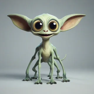 hand-drawn cartoon of a quadruped alien creature with big eyes, happy expression, bright, even lighting, on a plain white background, on a plain white background, even lighting