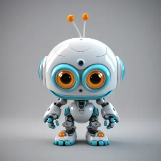 3d cartoon animation, cute baby robot alien, big eyes, rounded features, short body, tiny nose, tiny feet, vivid colors, wide angle shot, feet visible, on a plain white background, even lighting