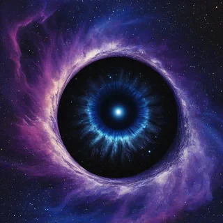 Digital art of a close up of a magical vortex shape like an iris, the vortex has a black hole in the center, with the iris edges being raised and textured with electric sparks, profile view, vibrant rainbow accent colors, dramatically billowing blue and purple space dust, Michael Whelan and Jeremy Mann influenced art styles, intense mood