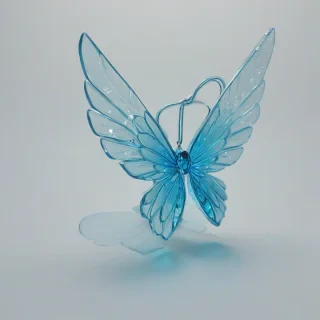 cartoon style shimmering, ethereal, ice blue colored toy crystal wings, with delicate details, and a soft, ethereal glow, on a plain white background, with no other objects, animals, or humans in sight, in a cartoon illustration style, with vibrant coloring and subtle, wearable like a backpack, on a plain white background, even lighting