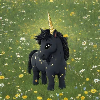 Cute cartoon black unicorn with gold cracks in wildflower field