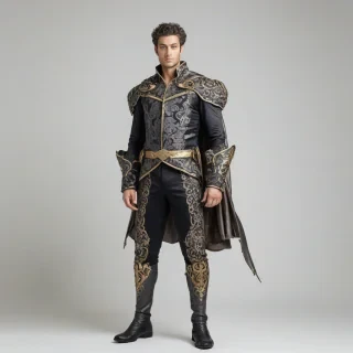 A full-body view of a superhero costume, in the style of Rococo, with a dominant charcoal color scheme, intricate details, and ornate patterns, on a plain white background, with a wide shot and feet visible, on a plain white background, even lighting