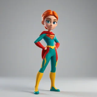 A full-body view of a cartoon 3D animation style female superhero with a bold and vibrant color scheme, big eyes, rounded features, dynamic pose, and exaggerated facial features, set against a plain white background, with a wide-angle shot and dramatic lighting, in the style of modern computer-generated imagery, on a plain white background, even lighting