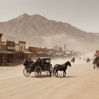 Wild west town with mountains, dust flying, people in horse drawn carriages, full-body view, wide shot, plain white background, digital art style