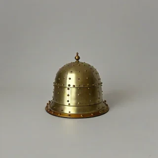 A highly detailed, full-body view, iron cloche with brass rivets around it, with the cloche's surface having a metallic sheen and the brass rivets having a warm, golden color, bright lighting, on a plain white background, even lighting