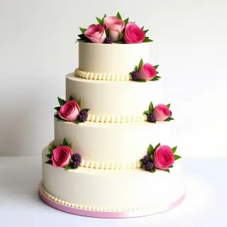Four round tier white wedding cake with flowers decorating the cake