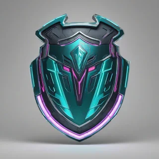 A teal, synthwave-inspired shield, with neon accents and a metallic sheen, in a wide shot, full-body view, on a plain white background, with dynamic shadows and a hard rim light, in the style of a digital illustration