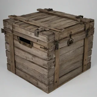 A single, old, worn, wooden crate with a D&D style, fantasy, medieval, rustic, and distressed appearance, with metal hinges and a lock, in a full-body view, on a plain white background, with the crate's lid slightly ajar, and the wood grain visible, in a wide shot, with the crate's feet visible, an old fishing net draped over the top, covering the lid, in a wide shot.