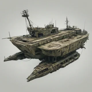 Khaki post-apocalyptic ship, full-body view, on a plain white background, digital art style