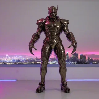 A bronze monster, full-body view, with a synthwave aesthetic, wide shot, on a plain white background, with vibrant neon lights reflecting off its metallic surface, and a cityscape at dusk in the background, on a plain white background, even lighting