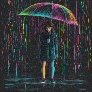 Neon chalk art on a black background of a young girl standing in the rain with a large umbrella, 2d drawing style, bold multi colored lines, somber mood