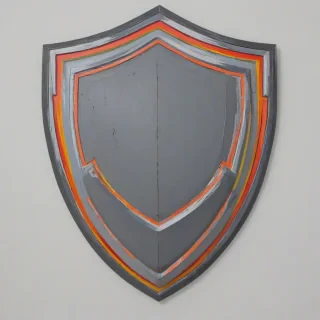 A full-body view of a bold, graphic shield with a charcoal grey color scheme, in the style of Pop Art, with bright, vibrant accents and bold lines, on a plain white background, wide shot, with the shield's edges and surface fully visible, and intricate details, on a plain white background, even lighting 