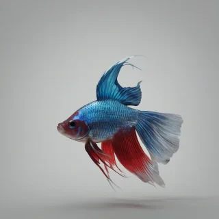 A colorful beta fish, with vibrant blue and red fins, swimming in a plain white background, full-body view, with a wide shot, and dynamic lighting, in a digital art style, on a plain white background, even lighting 