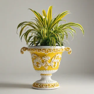 A bright yellow, full-body view of a potted plant with curved lines and ornate details in the Rococo style, with a wide shot and feet visible, on a plain white background, with soft, warm lighting and dynamic shadows, on a plain white background, even lighting