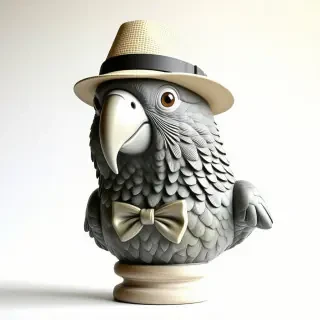 A statue bust of a parrot head with a small bowtie and small fedora hat on it