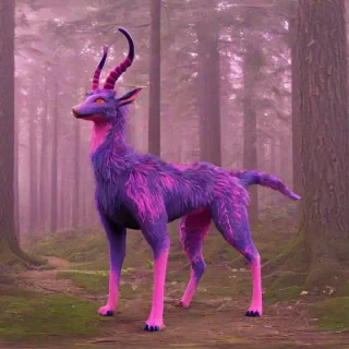 A fantasy creature with a distinctive dual-tone fur pattern, featuring pink fur on the upper body and purple fur on the lower body, with a long slender tail and short horns on it's head, in a full-body view with feet visible, in a forest, in a digital art style with vibrant colors and dynamic shadows
