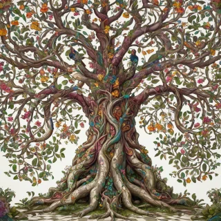 A majestic, enchanted tree named Plum, with a sturdy trunk and sprawling branches, adorned with vibrant, glowing leaves and colorful, exotic flowers, set against a plain white background, in a Baroque style, with intricate details and ornate patterns, full-body view, wide shot, with the tree's roots visible, and a soft, warm lighting, with dynamic shadows, on a plain white background, even lighting