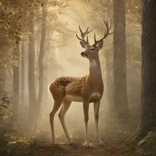 A deer centaur, full-body view, standing in front of a mystical woods background, with a mix of realistic and fantastical elements, warm golden lighting, and a sense of serenity, in the style of a digital illustration with subtle texture and shading