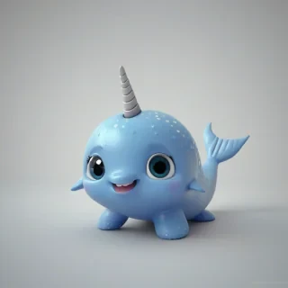A cartoon style cute cobalt colored baby narwhal with a smile, in 3D animation style, full-body view, with bright and vibrant colors, standing on a plain white background, with a wide-angle shot, and dynamic lighting, featuring a small, rounded body, large eyes, and a tiny nose, with a happy and playful expression, on a plain white background, even lighting, on a plain white background, even lighting 