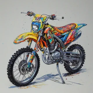 hand-drawn style colorful dirt bike, bright and vivid colors, on a plain white background, even lighting