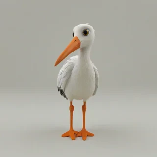 a small, cute stork in a 3D animation, full body visible, large expressive eyes, bright even lighting on a plain white background, on a plain white background, even lighting