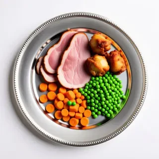 A silver plate with a helping of ham, peas, carrots, and fried chicken on it