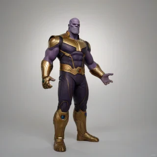 Thanos, full-body view, wearing the Infinity Gauntlet on his left hand, standing on a plain white background, with a serious expression, in a wide shot, with dynamic shadows and a hard rim light, in a realistic digital art style, on a plain white background, even lighting 