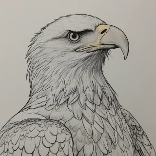 Cartoon with anime influence drawing of a bald eagle, on a plain white background, even lighting