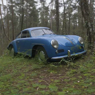 1942 Porsche sitting in an overgrown forest with the bushes growing up the sides of the car, shiny deep blue paint, close up angle