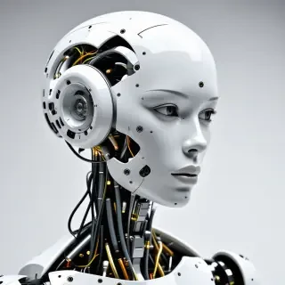 A humanoid robot a with sleek white exterior and a face made out of clear glass that shows a human brain connected to several wires encased inside the robot's face.
