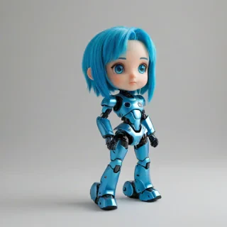 chibi style blue haired girl robot, on a plain white background, even lighting