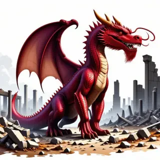 A large, majestic dragon with vibrant coral-colored scales, standing in a desolate, post-apocalyptic landscape with ruins and debris scattered around, full-body view, wide shot, feet visible, on a plain white background, digital art style, high contrast, dynamic shadows, backlight
