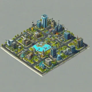 futuristic town, on a square grid for an isometric game asset, on a plain white background, even lighting