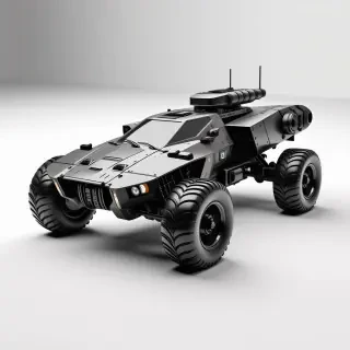 A futuristic combat vehicle with a single spherical wheel, a rocket pod, and a tilted forward chassis, in a wide shot, with a metallic finish, on a plain white background, with dynamic shadows and a hard rim light, in a digital art style with bold lines and vibrant colors, with the single wheel and rocket pod prominently displayed, full-body view, single wheel visible