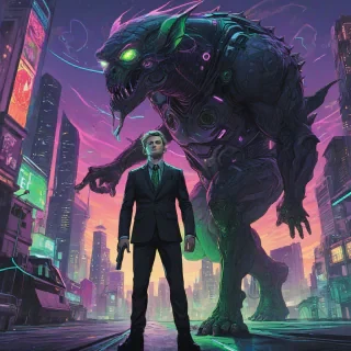 Neon Sam Guay style art of an elf man standing at ground level with one eyebrow raised and a neutral expression, looking up at a large cyber beast, wearing a sleek black suit with green, white, and purple neon accents on the lapels, holding a pistol in his right hand, on a plain white background, with a cyberpunk cityscape visible in the background, featuring towering skyscrapers, holographic advertisements, and neon lights.