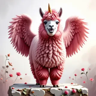 A happy llama with fluffy and curly fuscia fur, large pink angel wings, golden hooves, wide eyes, and a golden unicorn horn standing on a worn down stone platform engraved with images of flowers and vines