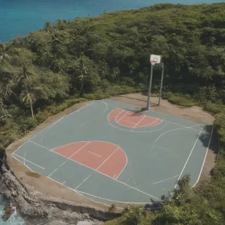 Basketball court on an island surrounded by ocean and nature