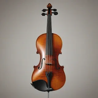 A highly detailed, realistic depiction of a violin, with a warm amber glow emanating from the instrument, set against a plain white background, in a wide shot with the entire instrument visible, including the neck, body, and strings, with precise textures and intricate details, in a realistic style reminiscent of a high-end photography shoot, on a plain white background, even lighting