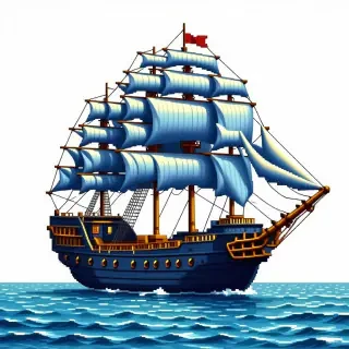 A majestic ship with a hull and sails, colored in various shades of Azure, in a pixel art style, with a full-body view and a plain white background, wide shot, with visible anchor and ropes, in a low poly aesthetic
