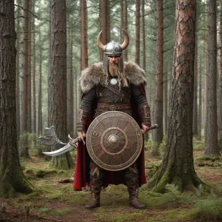 A large, detailed spider with a full-body view, dressed in a Viking costume, including a horned helmet, a fur-lined cape, and holding a miniature Viking shield and sword, pine tree forest background, in a wide shot with its eight legs and entire body visible, in a digital art style with bold lines and vibrant colors