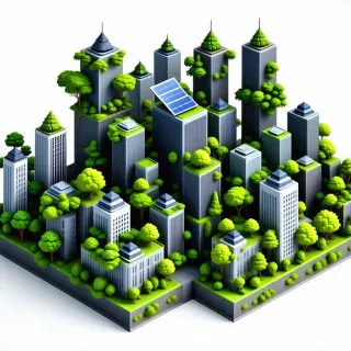 A city of skyscrapers covered with trees and plants and solar panels on top of them