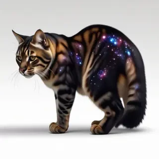 Big cat like creature with fur that looks like a galaxy with a fluffy, but flat tail y