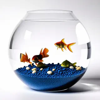 fish bowl with blue gravel and a gold fish in it