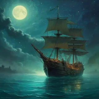 Ethereal Marc Simonetti style scene: blue steampunk sail ship floats through calm green water with mist, under crescent moon and starry night sky