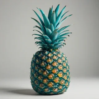 A colorful, stylized, full-body view of a single, juicy, teal-colored pineapple, in a pop art style, with bold lines and bright colors, set against a plain white background, with dynamic shadows and a sense of movement, on a plain white background, even lighting