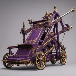A Renaissance-style siege weapon, such as a catapult or trebuchet, painted in a rich, vibrant purple color, with intricate gold accents and ornate details, set against a plain white background, in a wide shot with the entire weapon visible, including the wheels and throwing arm, with a sense of depth and texture, in the style of a detailed, realistic illustration, on a plain white background, even lighting